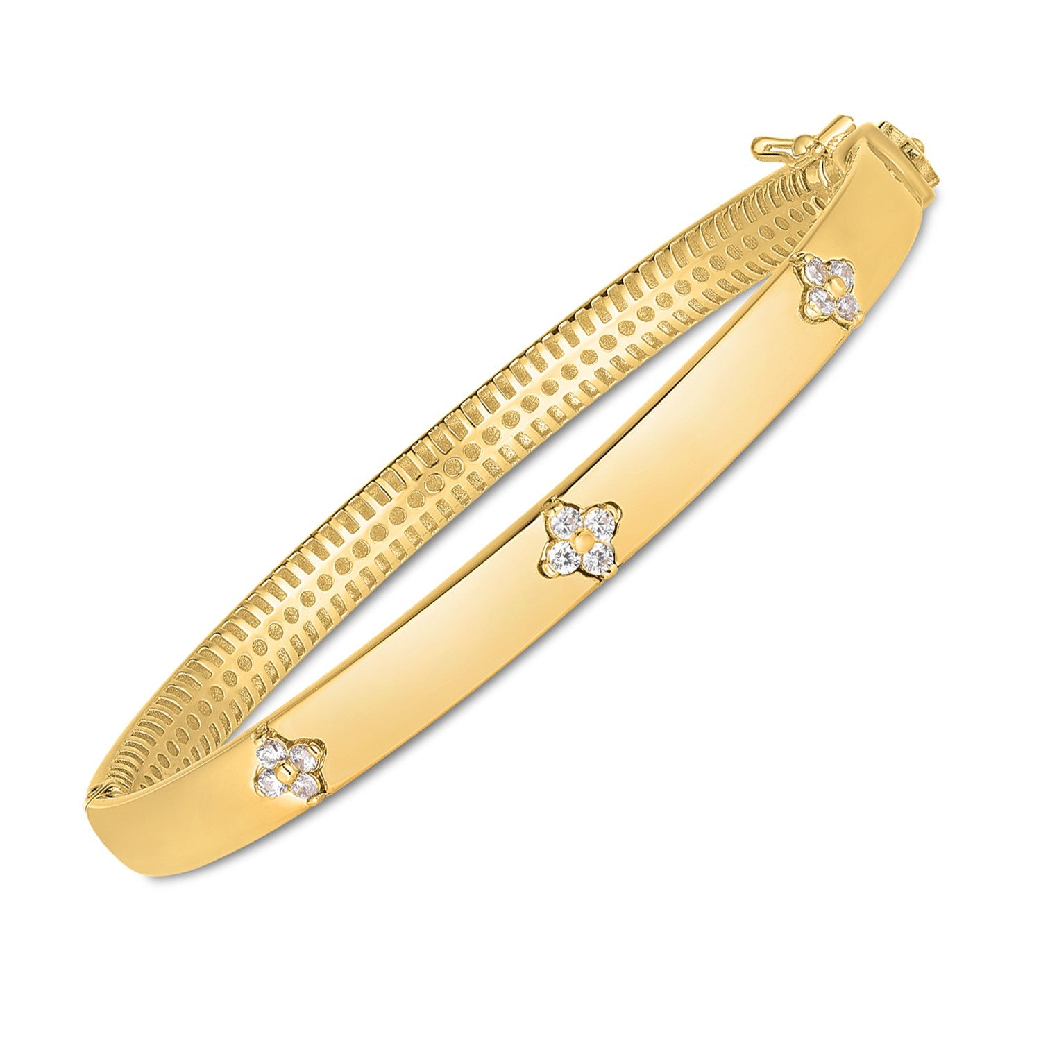 14k yellow gold trilogy diamond bangle featuring a classic prong setting and elegant round diamonds.