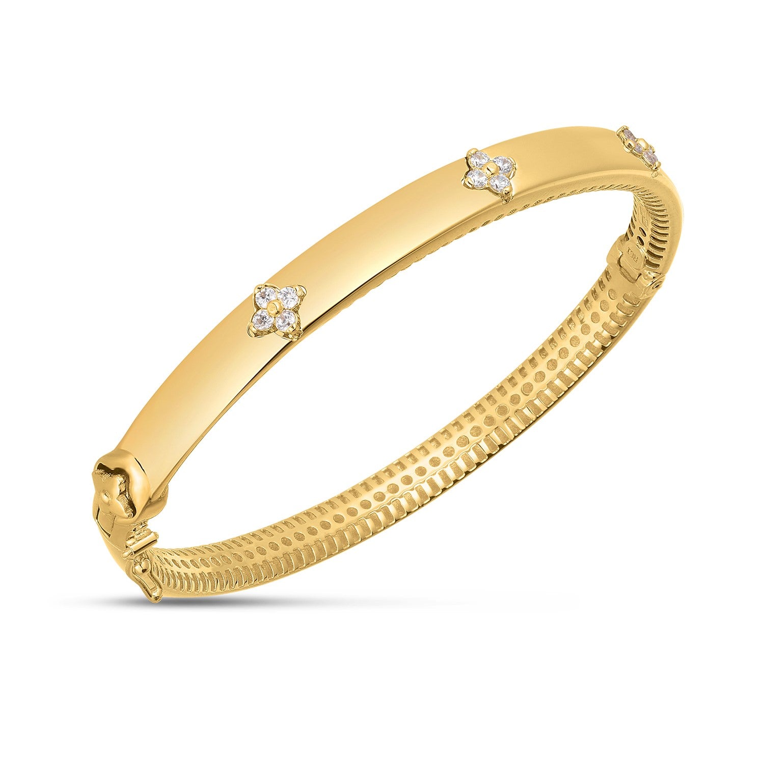14k yellow gold trilogy diamond bangle featuring a classic prong setting and elegant round diamonds, 5.40 mm width.