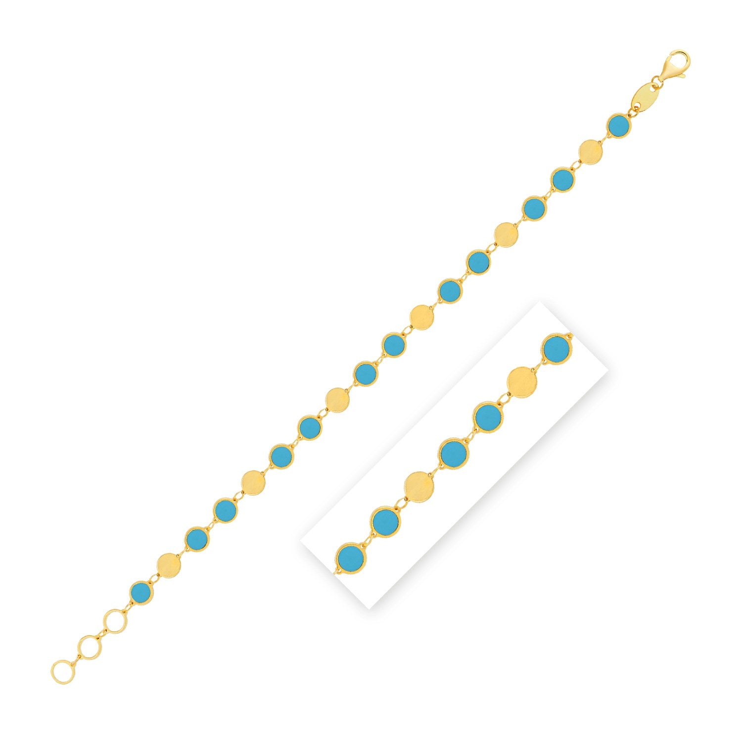 Turquoise composite gem bracelet in elegant 14k yellow gold, featuring alternating luxurious design elements.