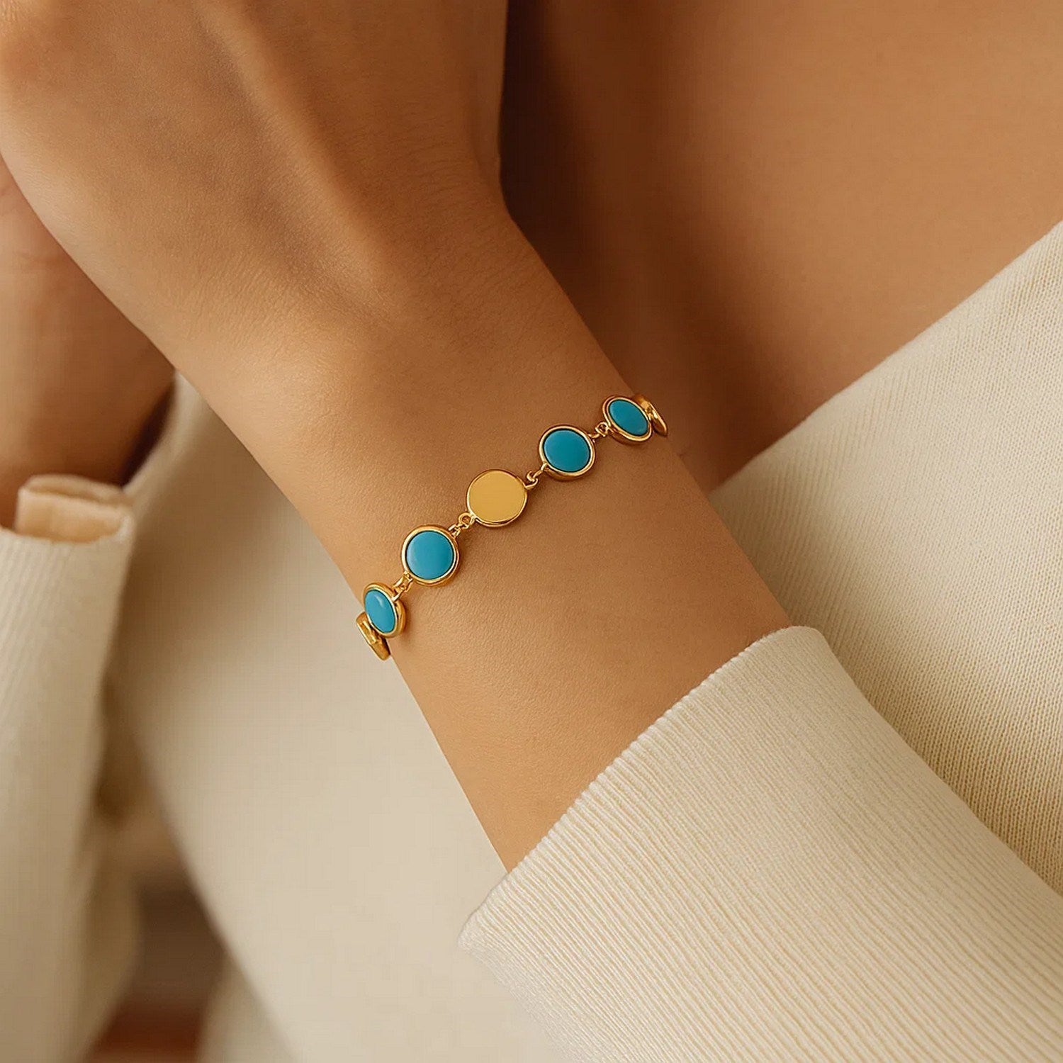 Turquoise composite gem bracelet in elegant 14k yellow gold, featuring alternating vibrant stones for a luxurious touch.