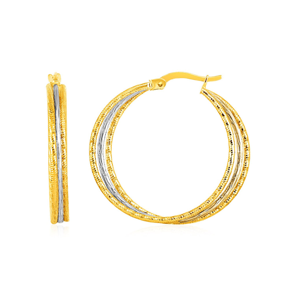 14k yellow and white gold textured hoop earrings, showcasing a modern design with luxurious craftsmanship.