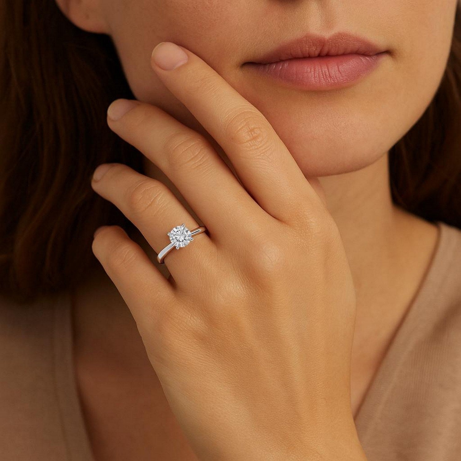 1 carat round lab-grown diamond solitaire ring in 14k white gold, showcasing modern elegance and timeless beauty.