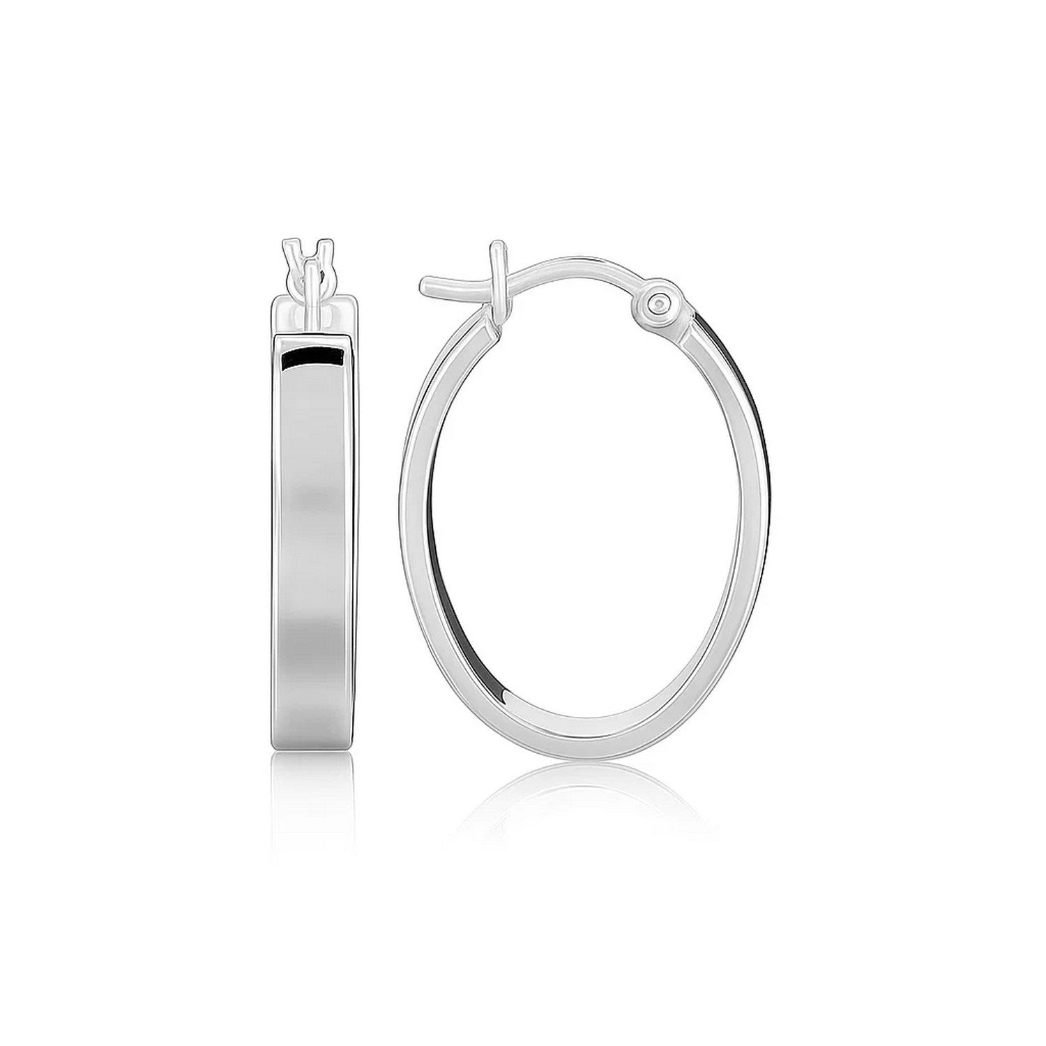 Sterling silver oval hoop earrings with rhodium plating, showcasing a modern design and elegant shine.