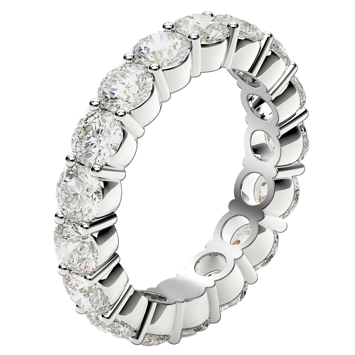Round cut lab grown diamond eternity ring in 14k white gold, showcasing contemporary elegance and timeless brilliance.