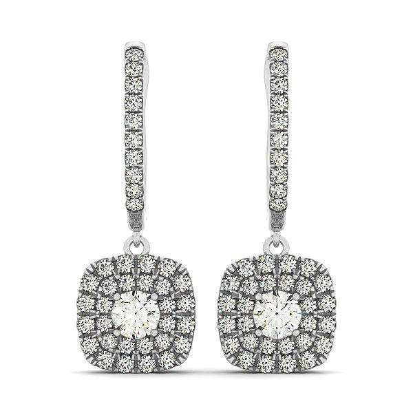14k white gold double halo diamond dangle earrings featuring exquisite round diamonds for an elegant touch.