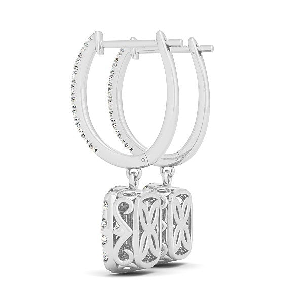 14k white gold double halo diamond dangle earrings featuring exquisite round diamonds for an elegant touch.