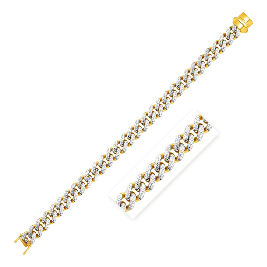 14k two-tone gold curb chain bracelet with white pave accents, contemporary luxury design, 8 1/4 inches long.