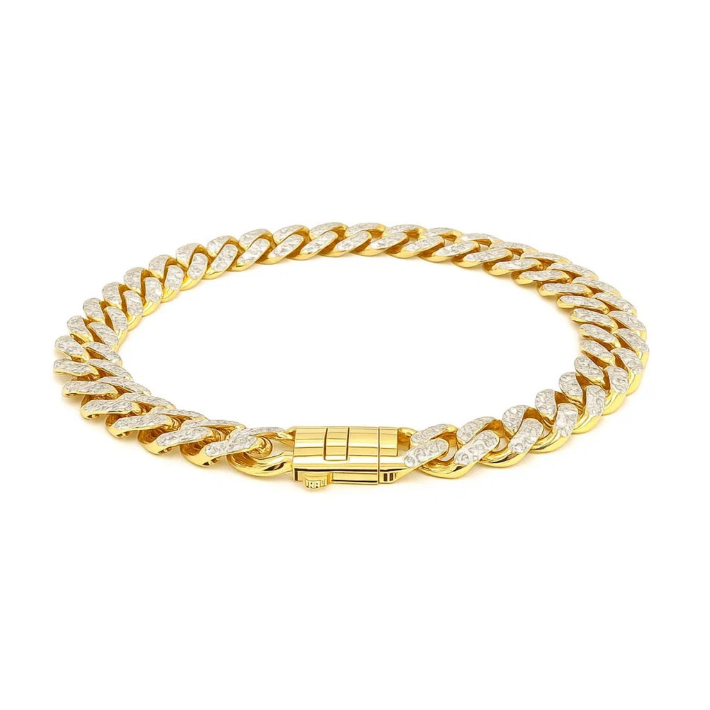 14k two-tone gold curb chain bracelet featuring white pave accents, contemporary design, 8 1/4 inch length.