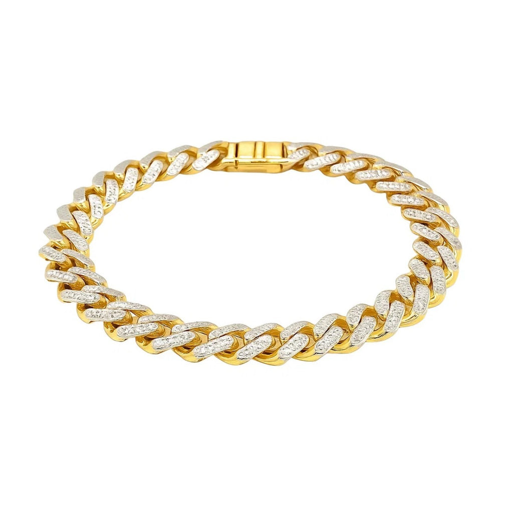 14k two-tone gold curb chain bracelet with white pave accents, contemporary design, 8 1/4 inch length.