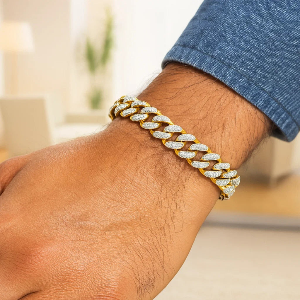 14k two-tone gold curb chain bracelet with white pave accents, contemporary design, 8 1/4 inch length, 9.50 mm width.