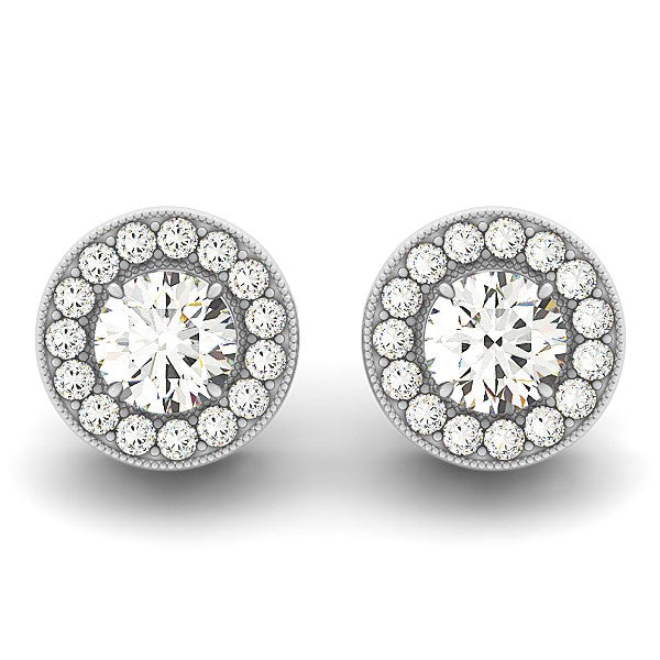 14k white gold diamond halo drop earrings featuring exquisite milgrain detail in a modern design.