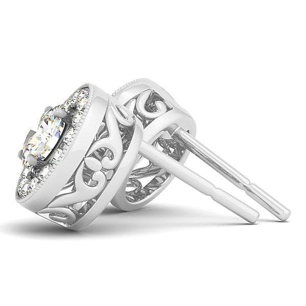 14k white gold diamond halo drop earrings featuring exquisite milgrain detail and modern round design.