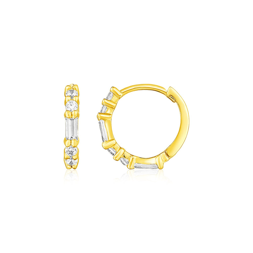 14k yellow gold contemporary hoop earrings adorned with baguette cubic zirconia for a luxurious sparkle.