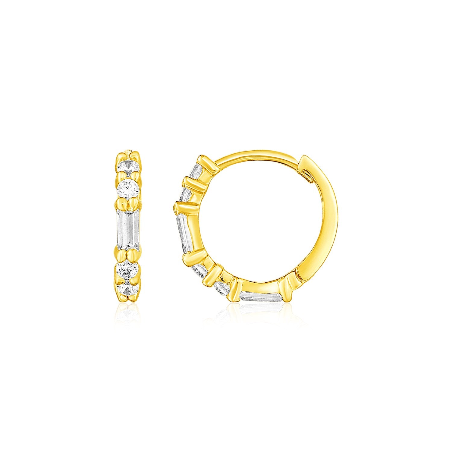 14k yellow gold contemporary hoop earrings adorned with baguette cubic zirconia for a luxurious sparkle.