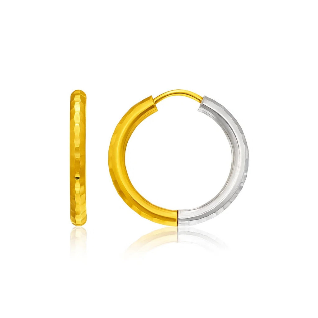 14k two-tone gold hammered hoop earrings with modern design and elegant hinge closure, perfect for luxury styling.