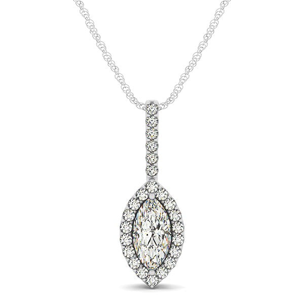 Marquis shape diamond halo pendant in 14k white gold, featuring an elegant chain and exquisite diamond detailing.
