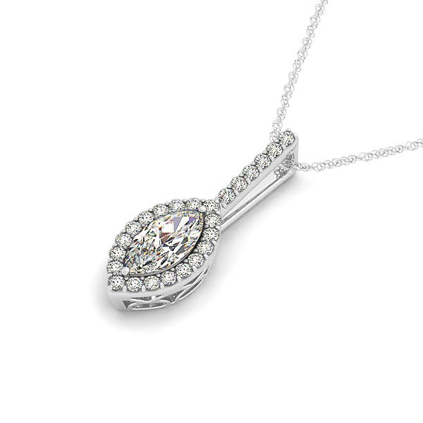 Marquis shape diamond halo pendant in 14k white gold, featuring an elegant chain and exquisite diamond detailing.