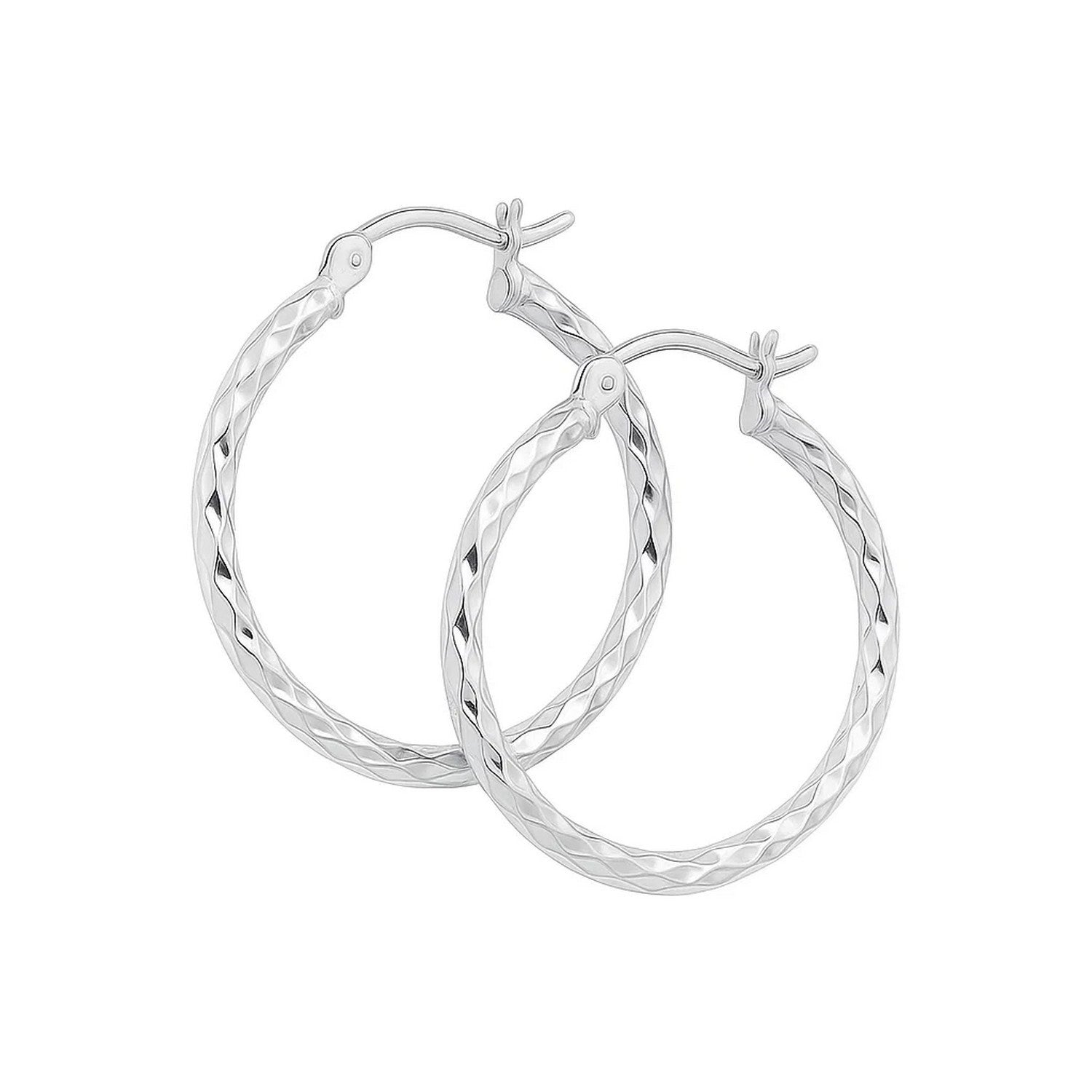 14k white gold diamond cut hoop earrings showcasing a modern design with exquisite craftsmanship and shimmering brilliance.
