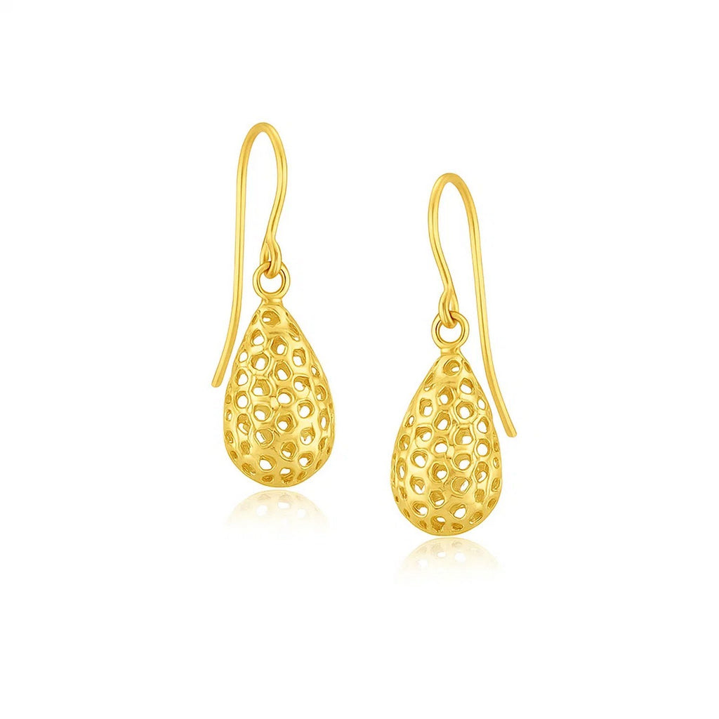 14k yellow gold honeycomb textured teardrop earrings, showcasing contemporary elegance and luxurious craftsmanship.