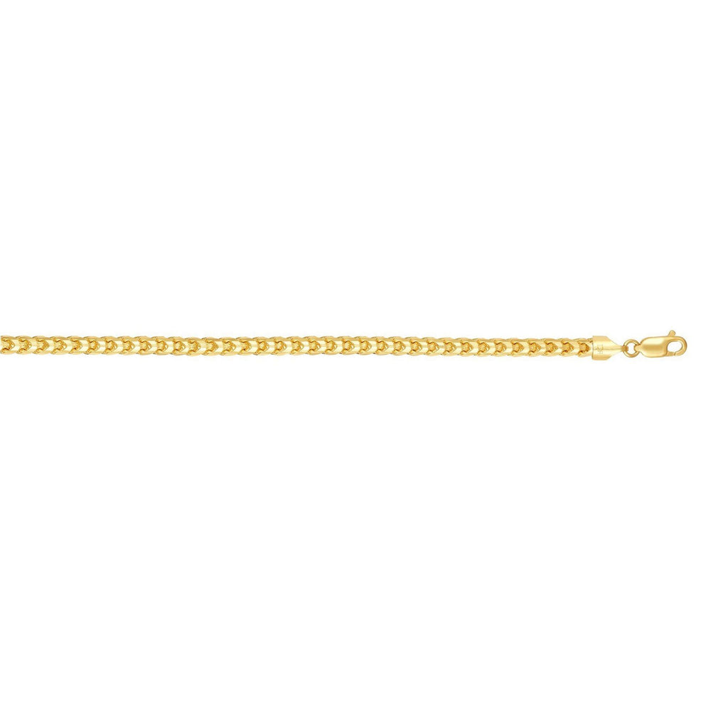 Elegant 14k yellow gold diamond cut round Franco bracelet, showcasing a refined chain design with luxurious shine.