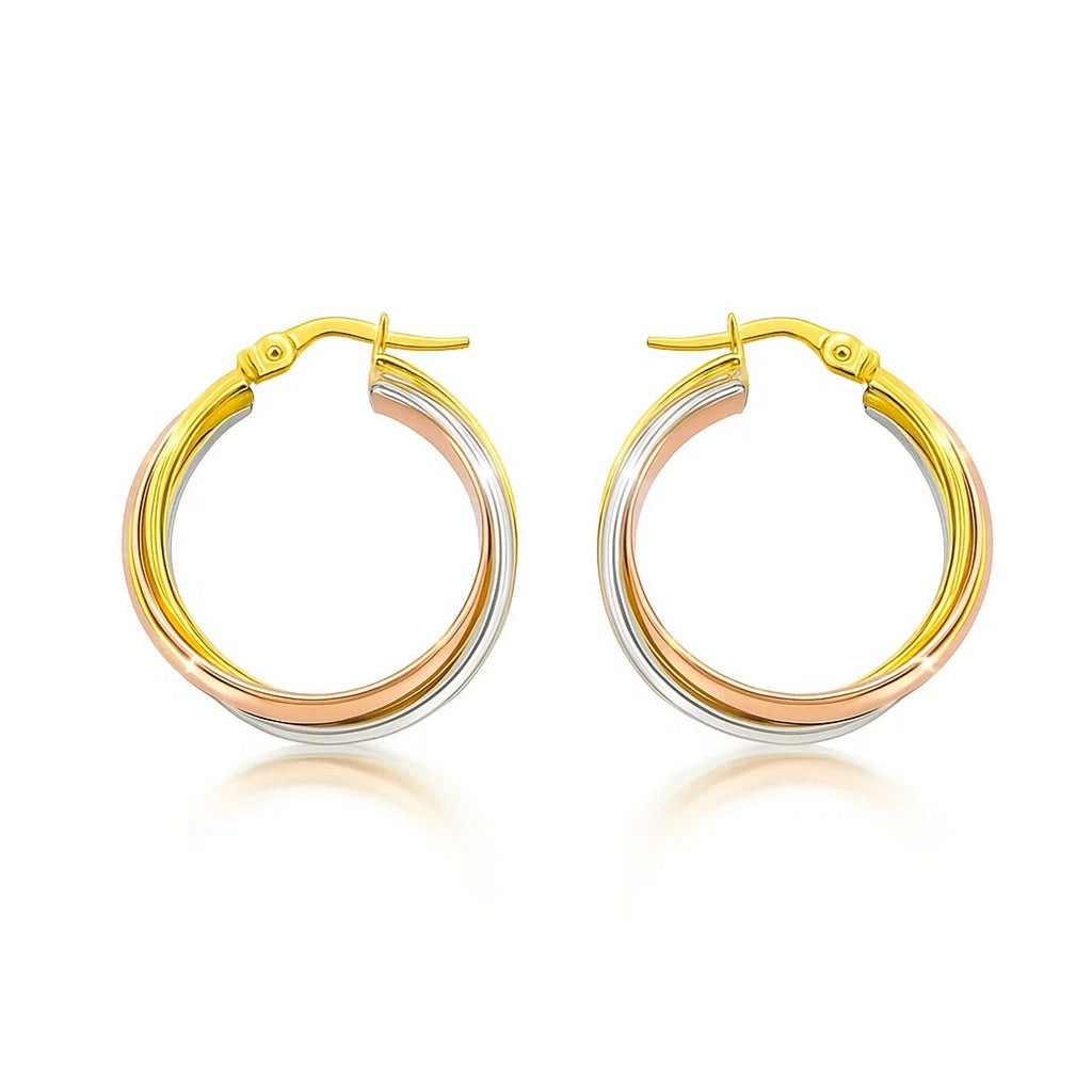 14K tri-color gold woven hoop earrings showcasing a modern design with intricate craftsmanship and luxurious appeal.