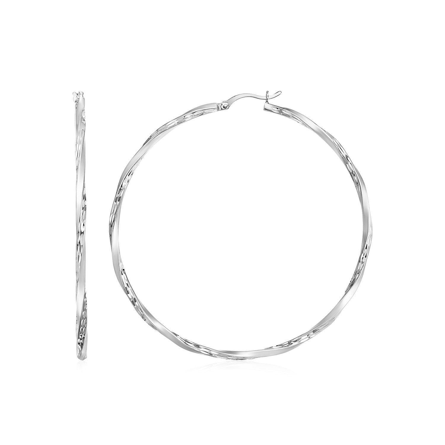 Sterling Silver Diamond Textured Twisted Hoop Earrings