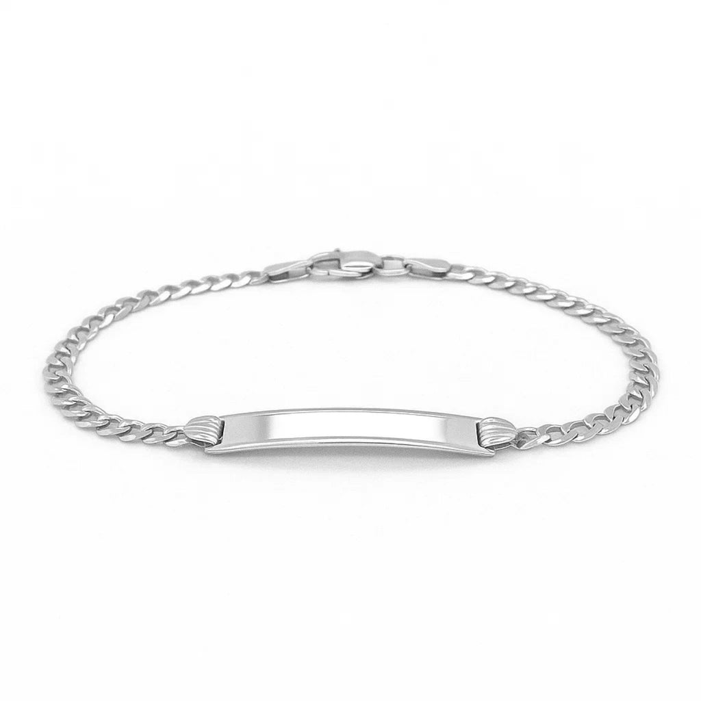 Polished 14k white gold curb link chain children's ID bracelet with modern design and 3.00 mm width.