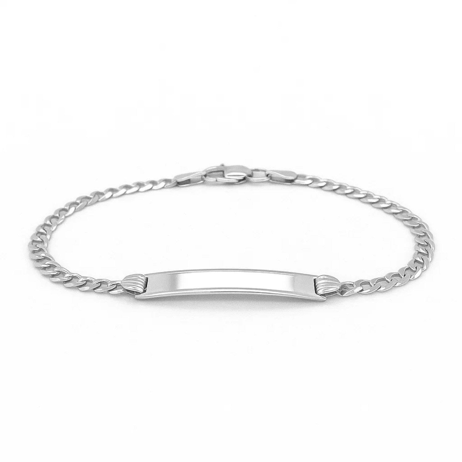Polished 14k white gold curb link chain children's ID bracelet with modern design and 3.00 mm width.