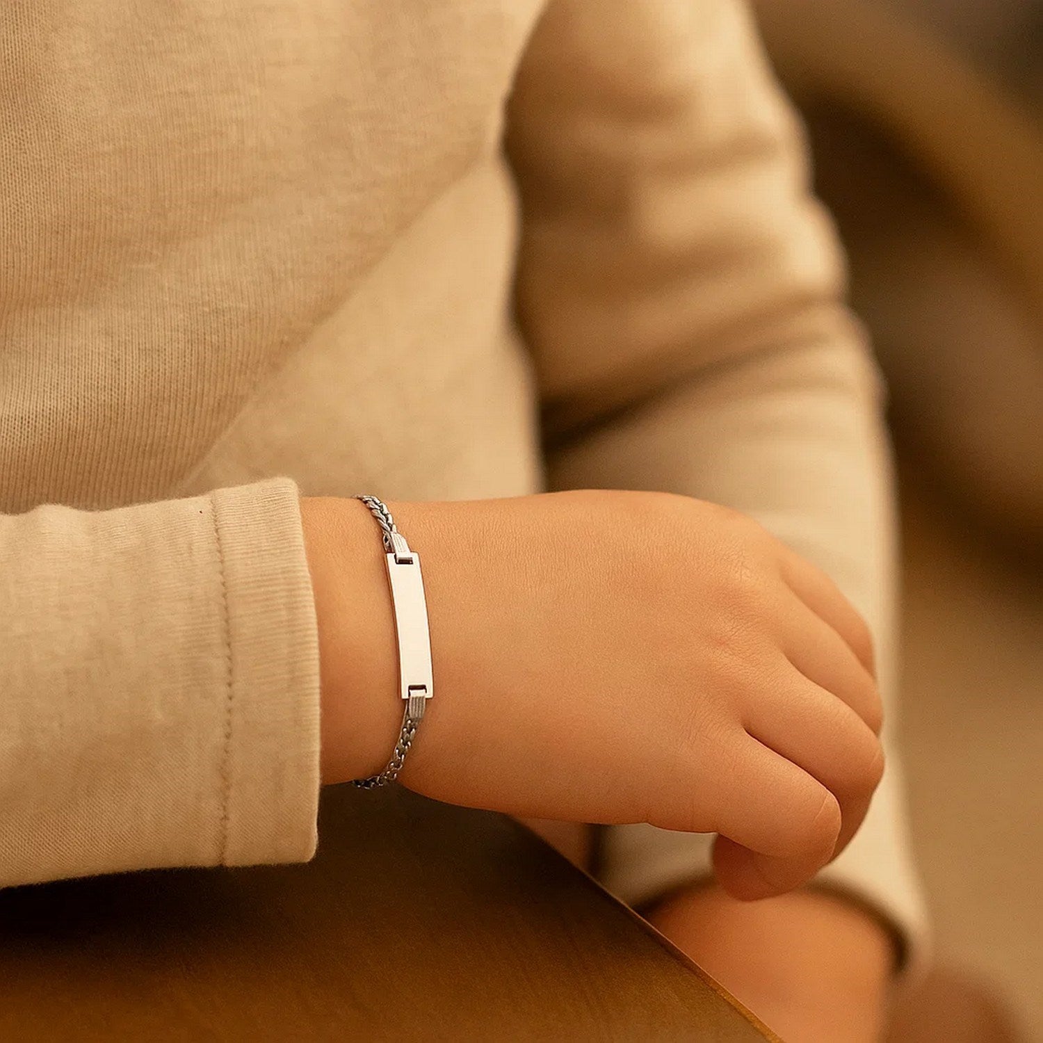 14k white gold polished curb link children's ID bracelet with modern design and secure clasp, perfect for elegant gifting.