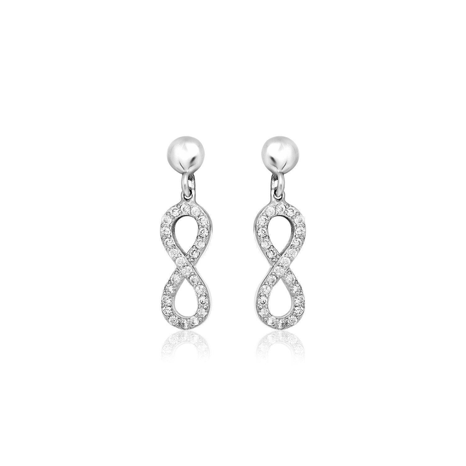 Sterling silver infinity symbol earrings adorned with sparkling cubic zirconias for an elegant touch.