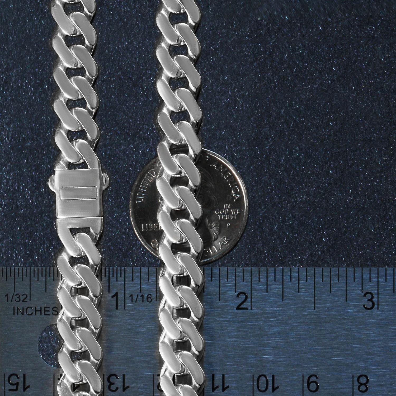 14k white gold polished curb chain necklace with modern link design, elegantly draping at 22 inches.