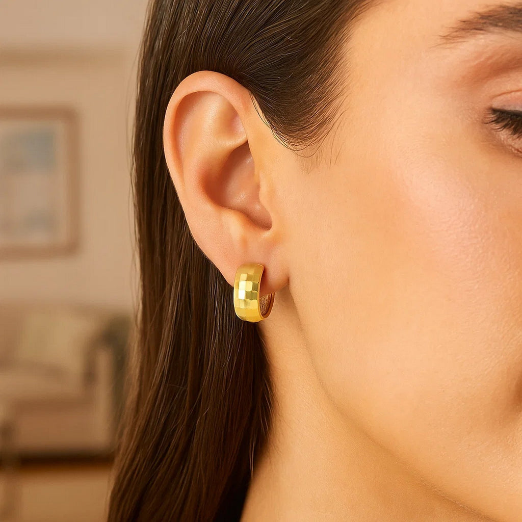 14K yellow gold modern hoop earrings featuring a chic checkerboard pattern, perfect for elegant occasions.