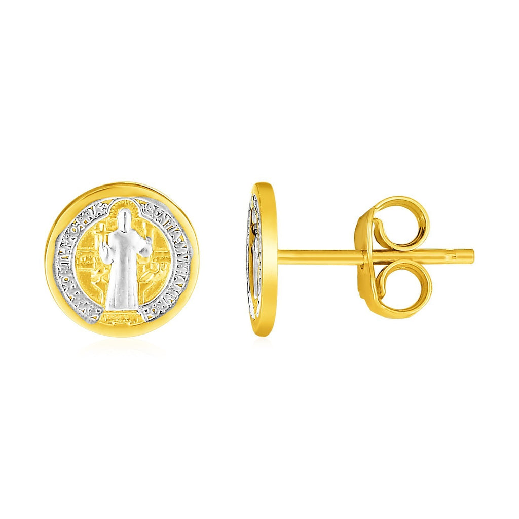 14k two-tone gold religious medal post earrings, elegantly designed with a round shape for a timeless look.