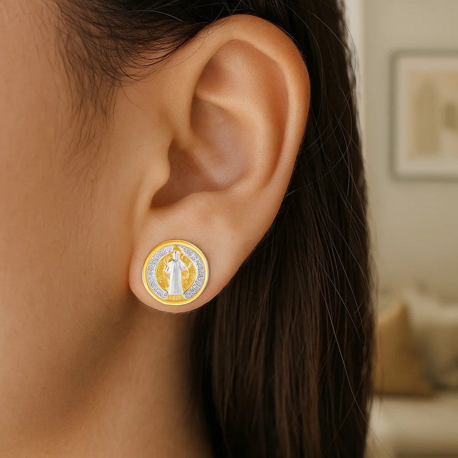 14k two-tone gold religious medal post earrings featuring an elegant round design, perfect for sophisticated style.
