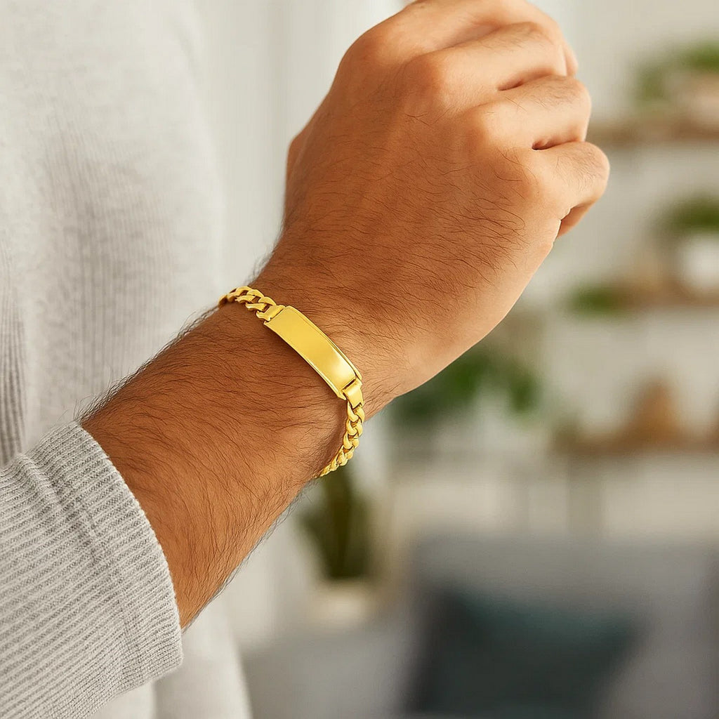 14k yellow gold men's ID Cuban chain bracelet, modern link design, 8.00 mm width, perfect for luxury style.