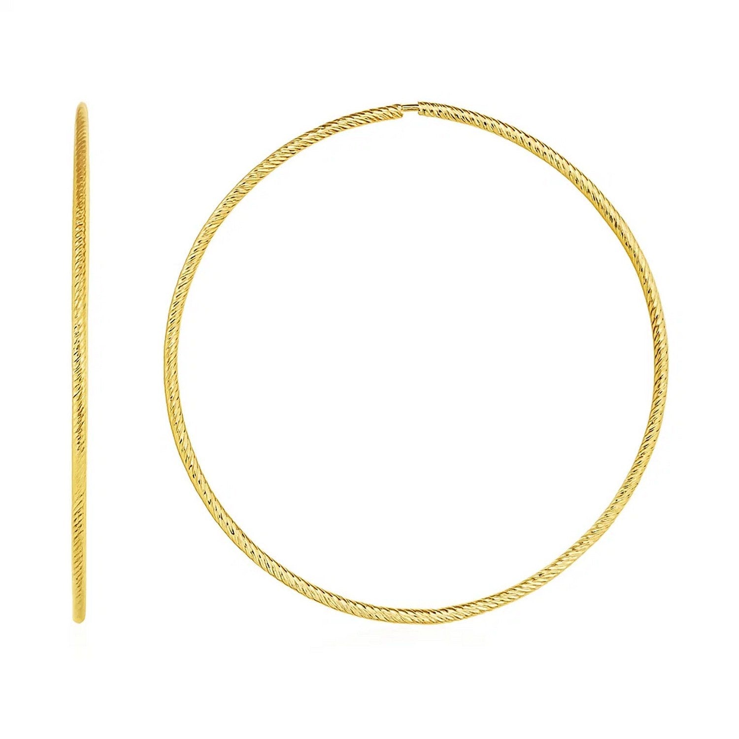 14k yellow gold diamond endless hoop earrings featuring a modern design and elegant eternity style.