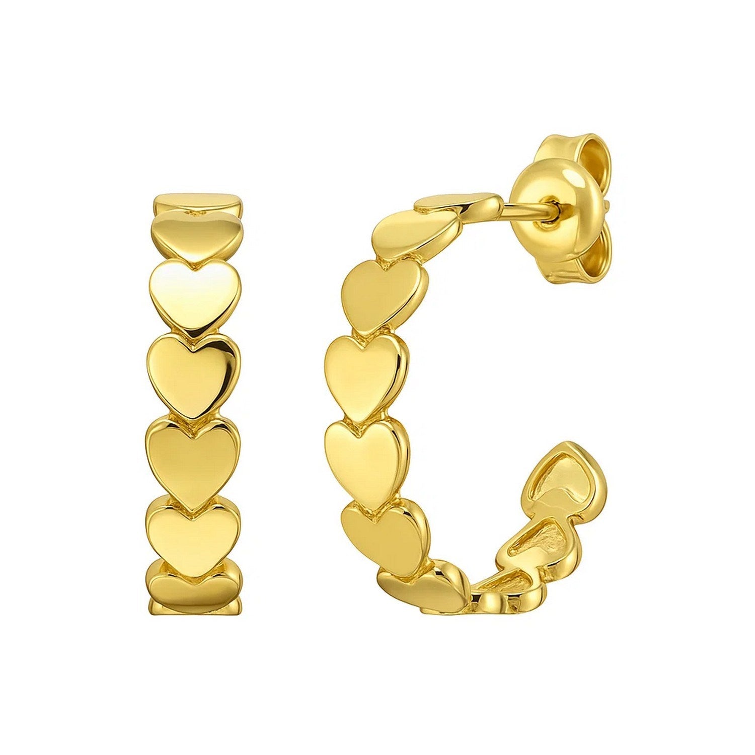 Elegant 14k yellow gold heart row hoop earrings, showcasing a refined design perfect for any luxury occasion.