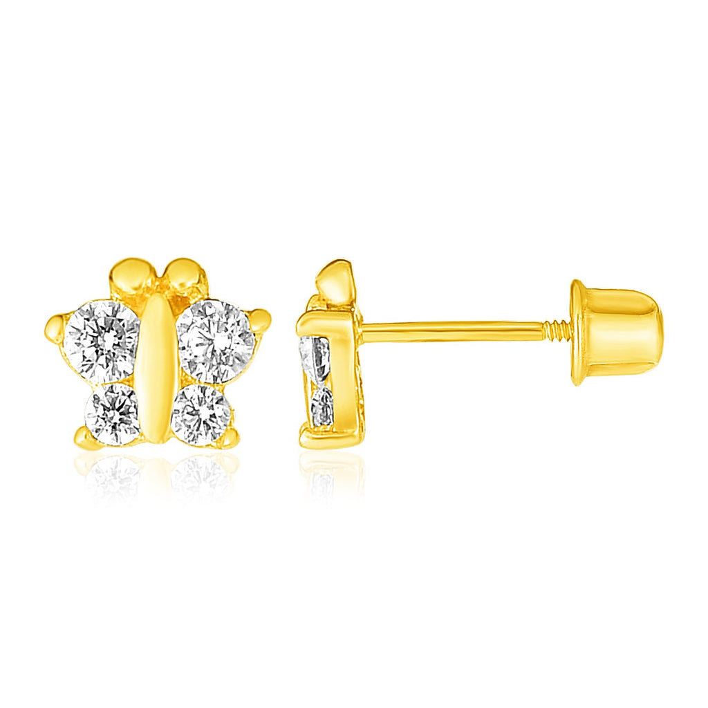 14k yellow gold butterfly stud earrings for children, featuring a modern design and secure post back.
