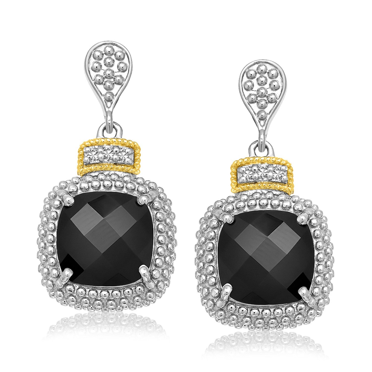 18k Yellow Gold & Sterling Silver Textured Black Onyx & Diamond Earrings (.05cttw)