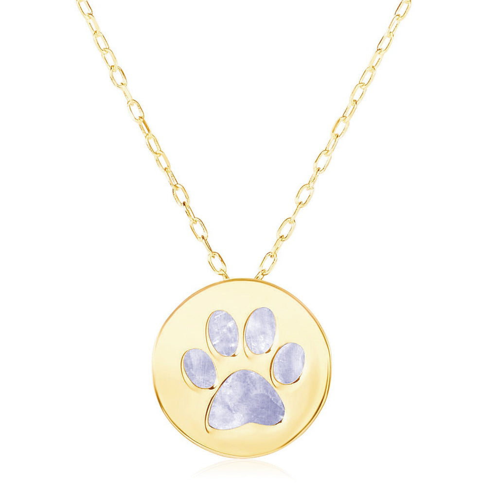 14k yellow gold necklace featuring a dog paw print symbol in elegant mother of pearl on a delicate chain.