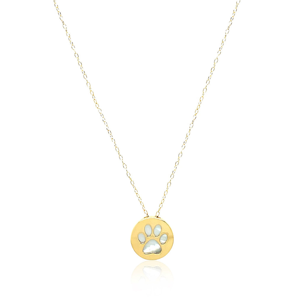 14k yellow gold necklace featuring a dog paw print symbol set in elegant mother of pearl on a delicate chain.