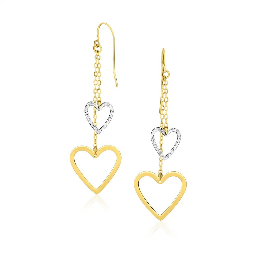 14k two-tone gold dangle heart earrings featuring an elegant design and exquisite craftsmanship.