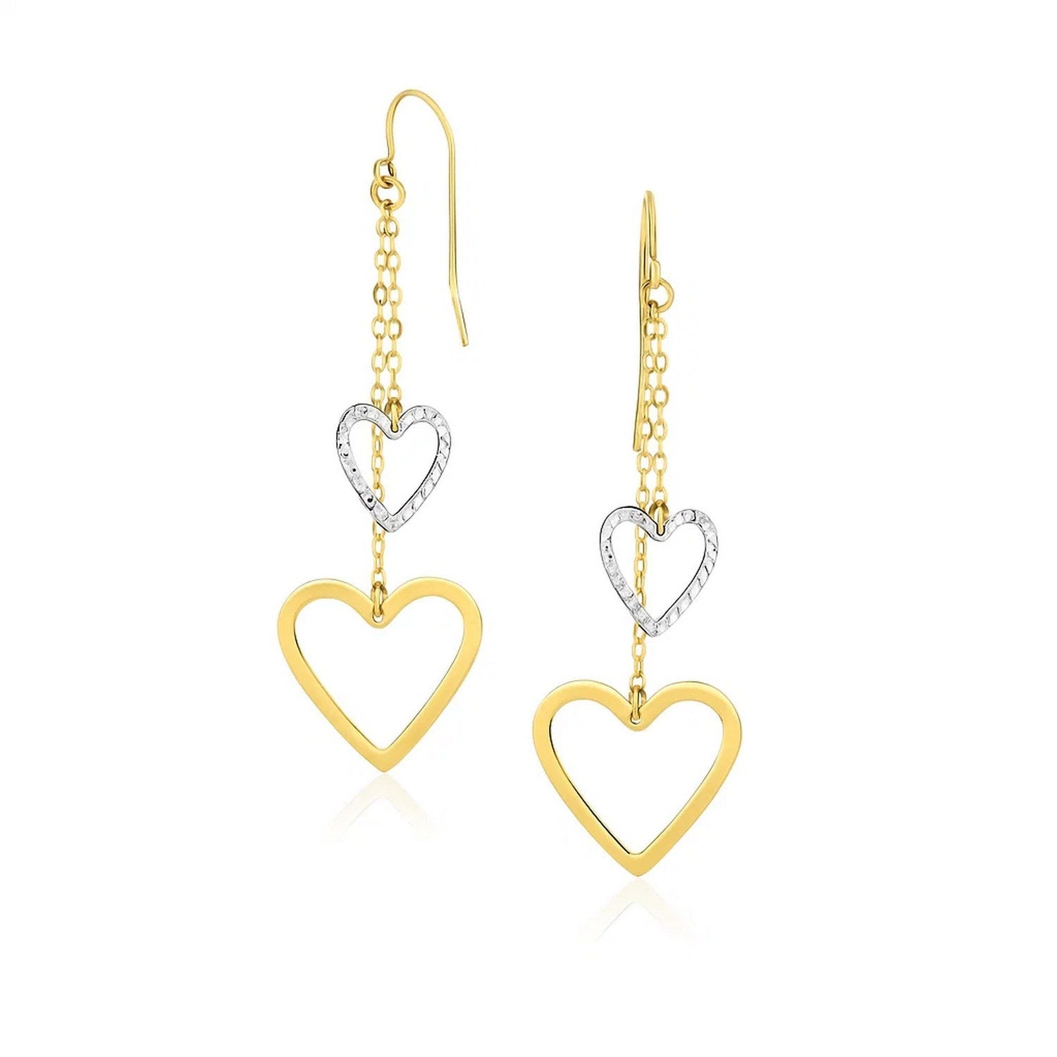 14k two-tone gold dangle heart earrings featuring an elegant design and exquisite craftsmanship.