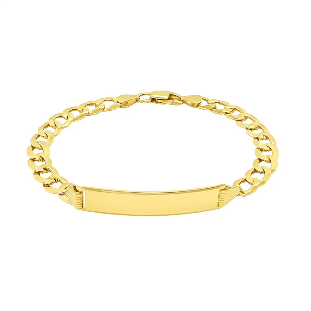 14k yellow gold men's curb chain ID bracelet, modern design with polished links, 8.5 inches long and 8.30 mm wide.