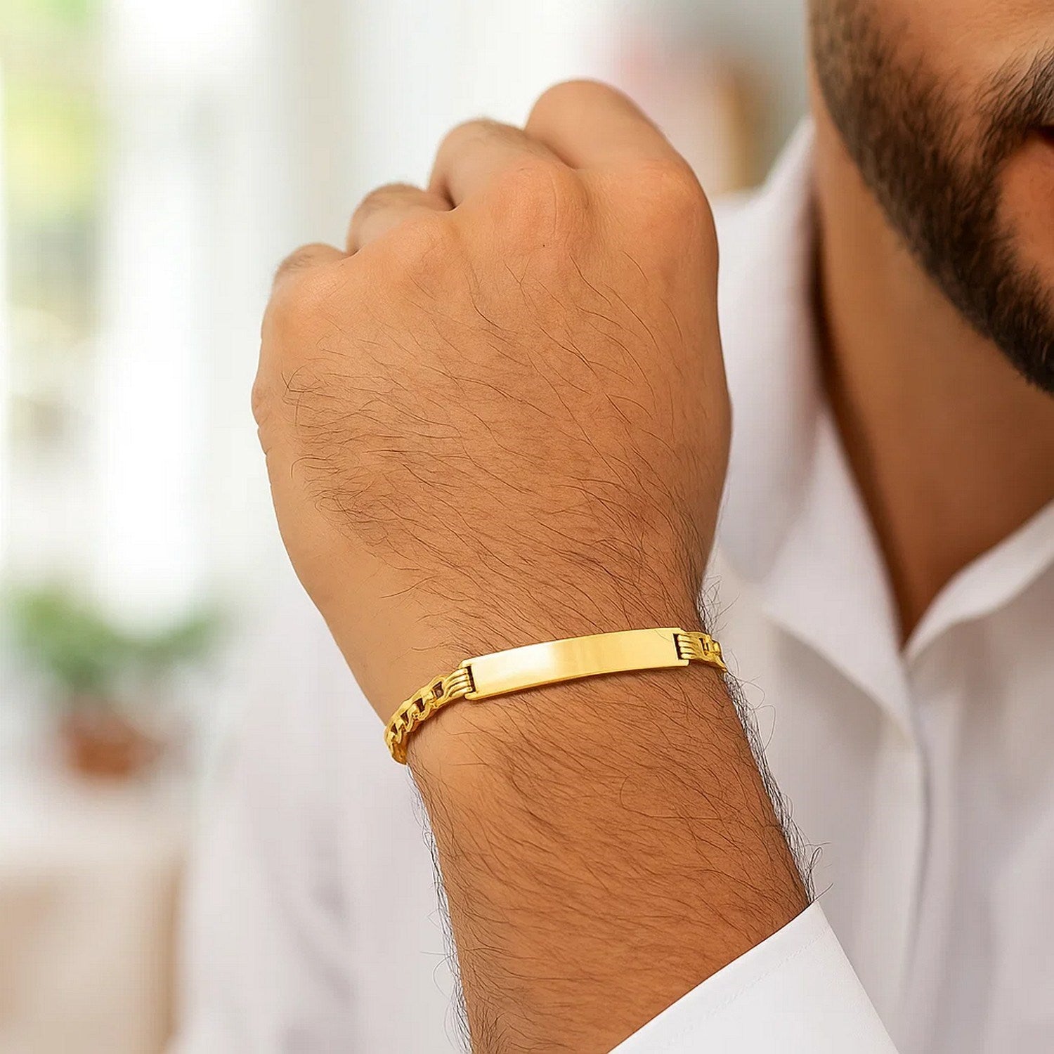 14k yellow gold men's curb chain ID bracelet, modern design with polished links, 8.30 mm width, elegant luxury accessory.