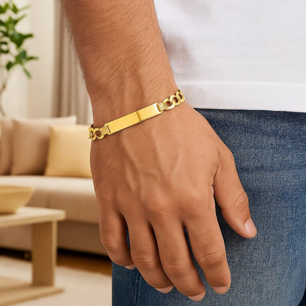 14k yellow gold men's curb chain ID bracelet, modern design with polished links, 8.30 mm width, luxurious craftsmanship.