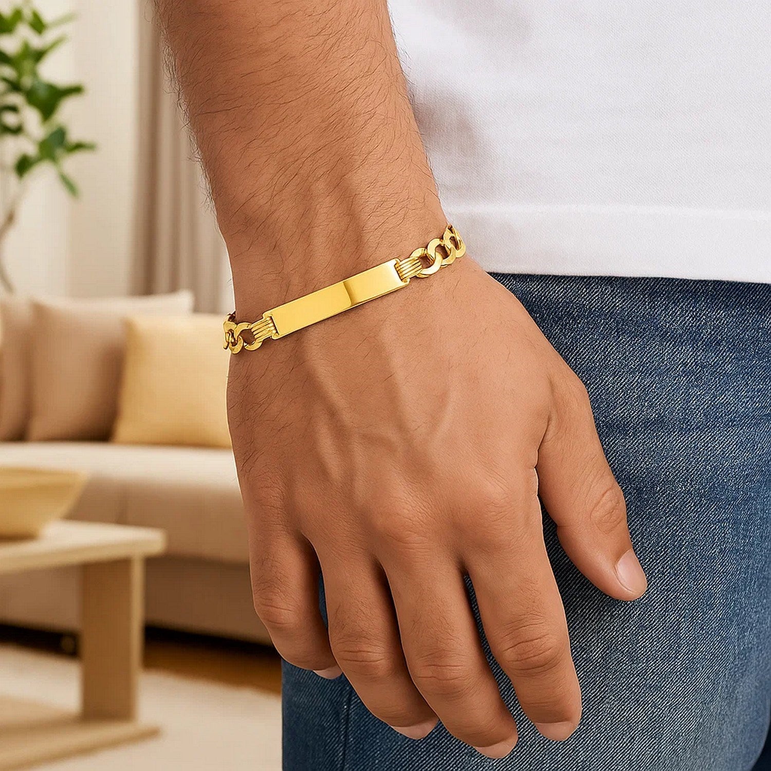 14k yellow gold men's curb chain ID bracelet, modern design with polished links, 8.30 mm width, luxurious craftsmanship.