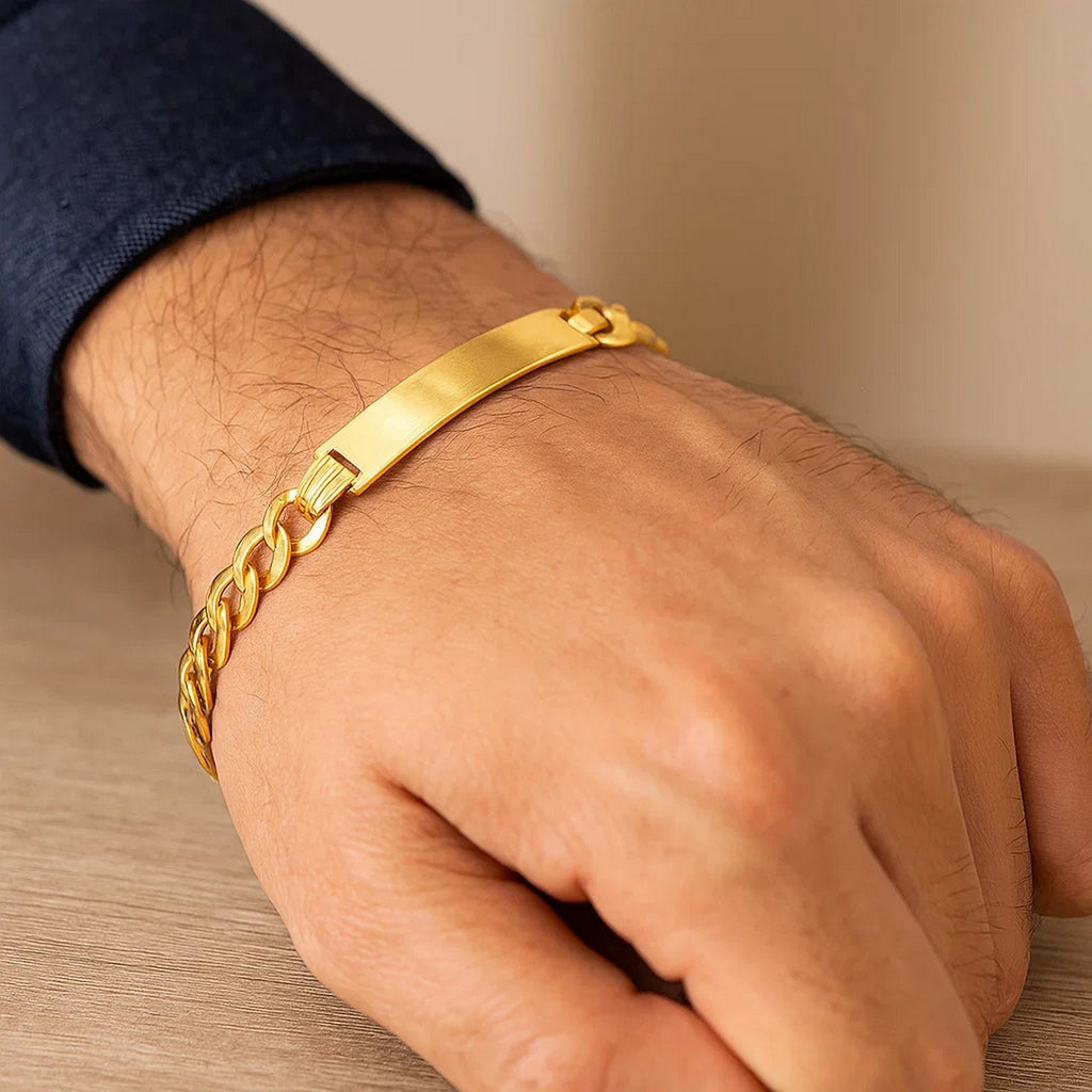 14k yellow gold men's curb chain ID bracelet, modern design with polished links, 8.30 mm width, 8 1/2 inch length.