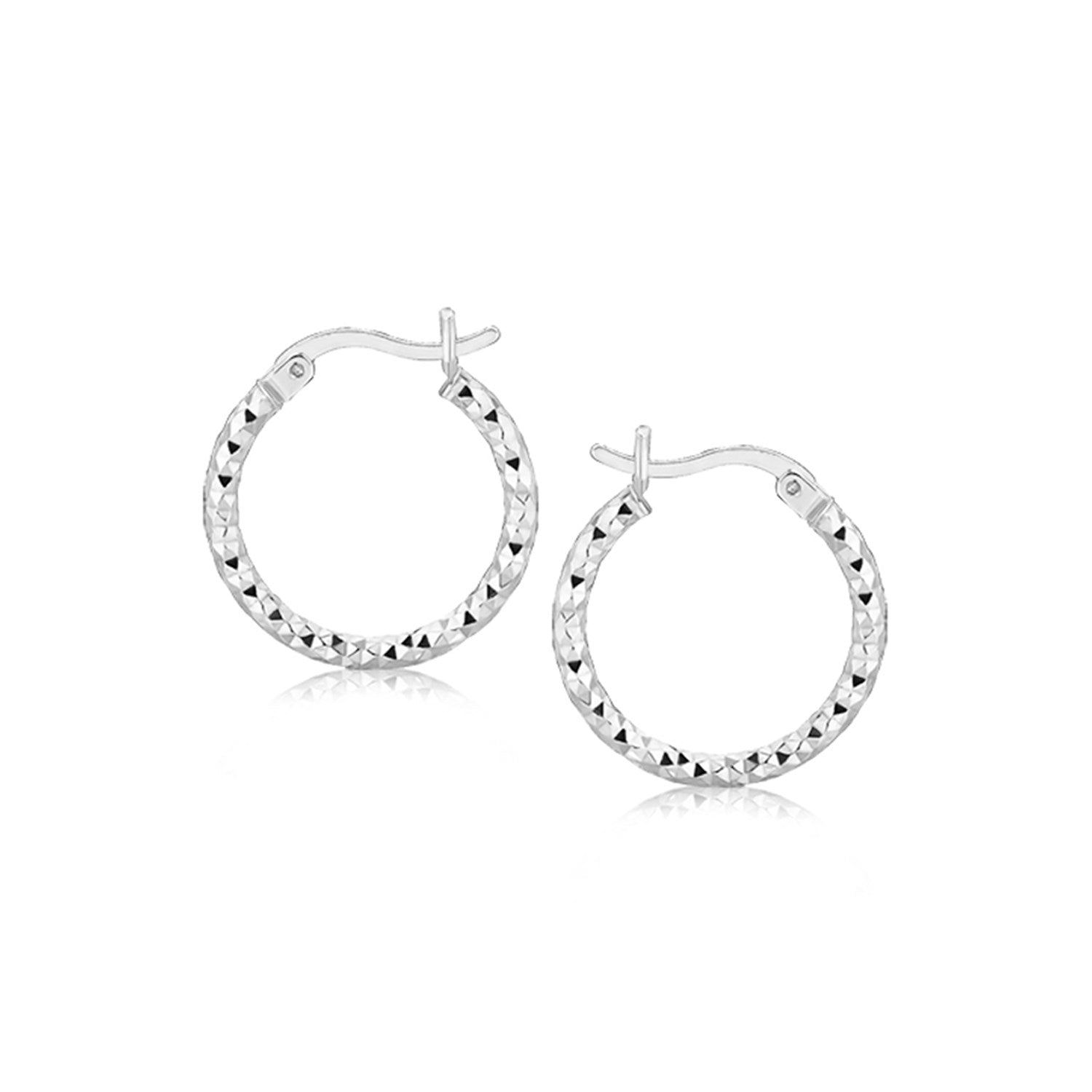 Sterling silver faceted hoop earrings with rhodium plating, showcasing a modern and elegant design.