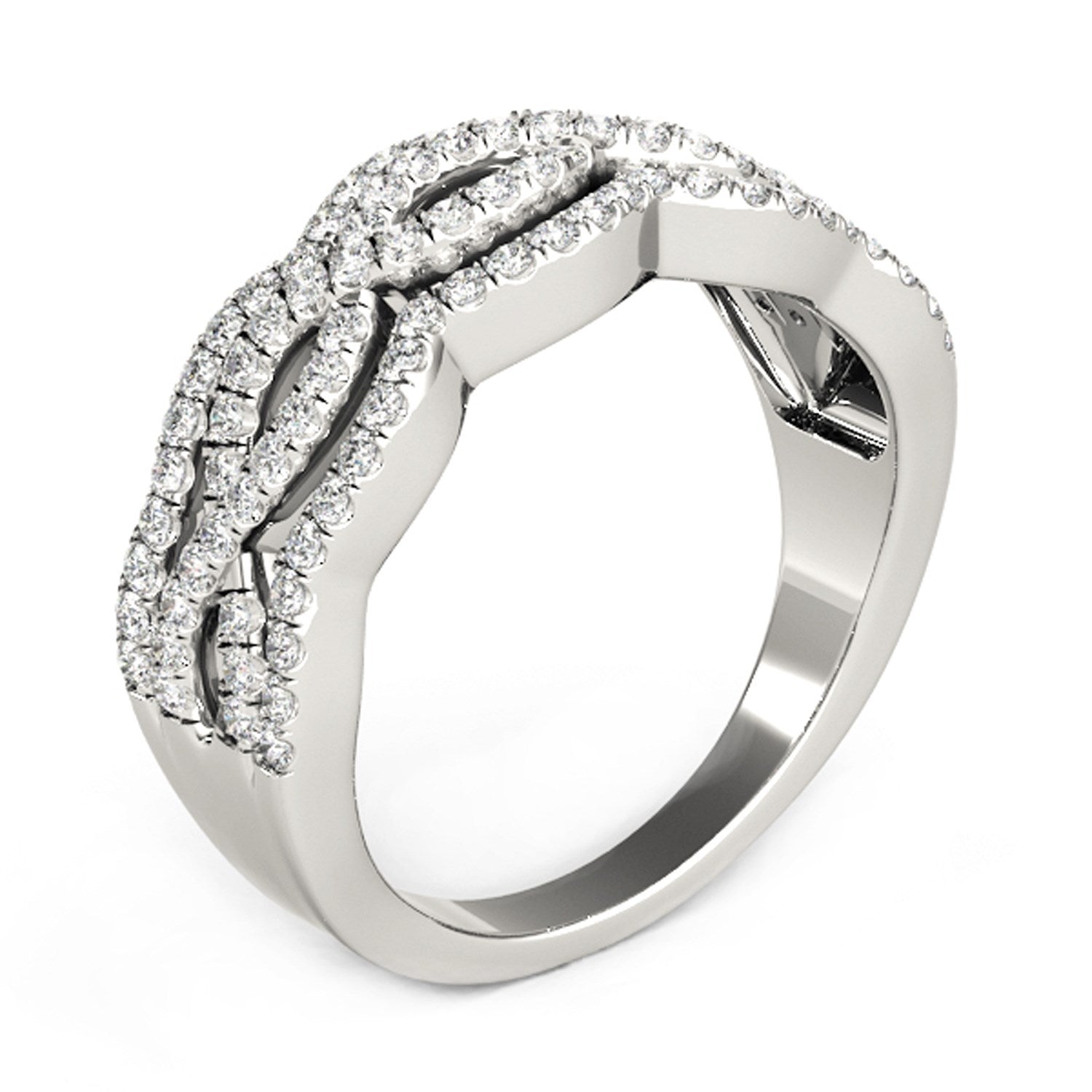 Elegant 14k white gold ring featuring four curved designs adorned with sparkling diamonds (5/8 cttw).